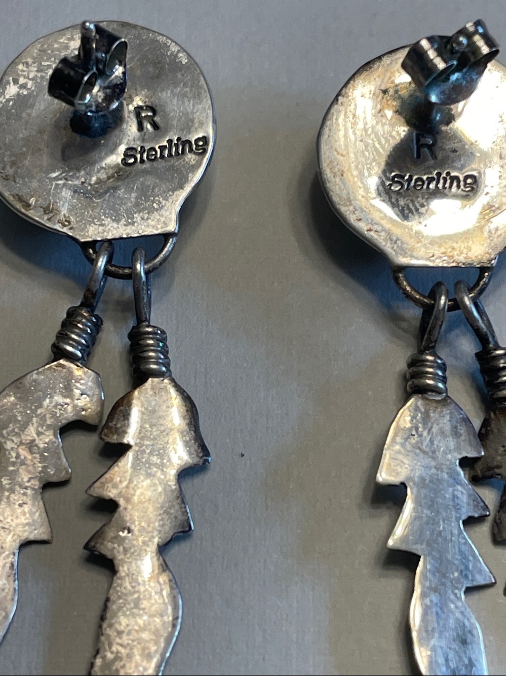 Vintage Navajo Sterling Silver Shadow Box Turquoise Feathers Dangle Earrings - Picture 4 of 5